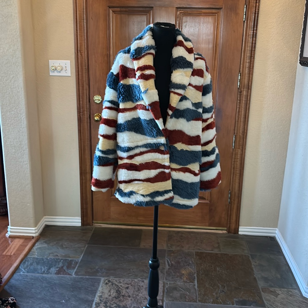 Anthropologie Xs Coat Jacket In A Waved Pattern In White, Denim & Rust. Nwt